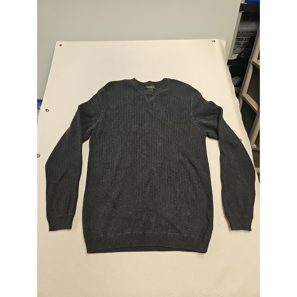 Eddie Bauer Mens Large Tall Charcoal Grey Ribbed 100%‎ Cotton Crewneck Sweater